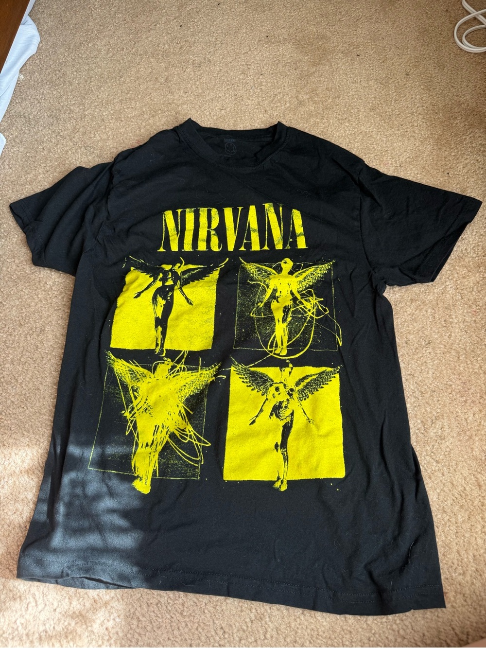 NIRVANA Black Short Sleeve Tee with Yellow Box Angel Graphics